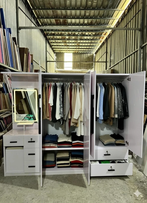 Tủ nhựa Đài Loan 4 cánh kèm Bàn trang điểm có gương đèn led BTD4C